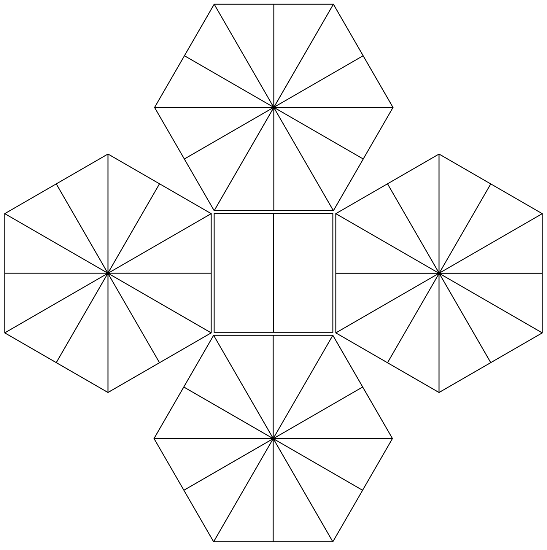 a square with 4 hexagons, one on each side