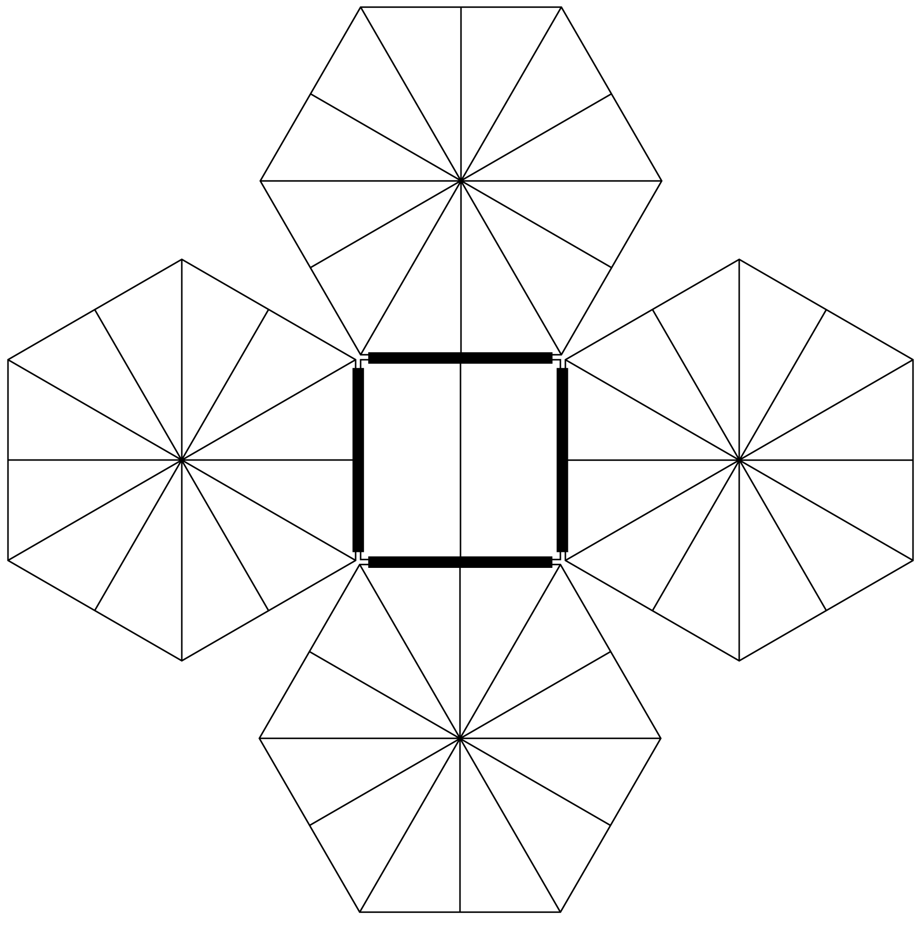 a square with 4 hexagons, one on each side, with tape marked